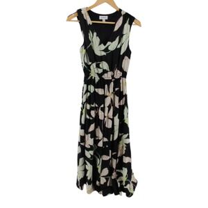 Evereve Georgia Floral Midi Dress Women's XS Black Sleeveless V-Neck Fit & Flare